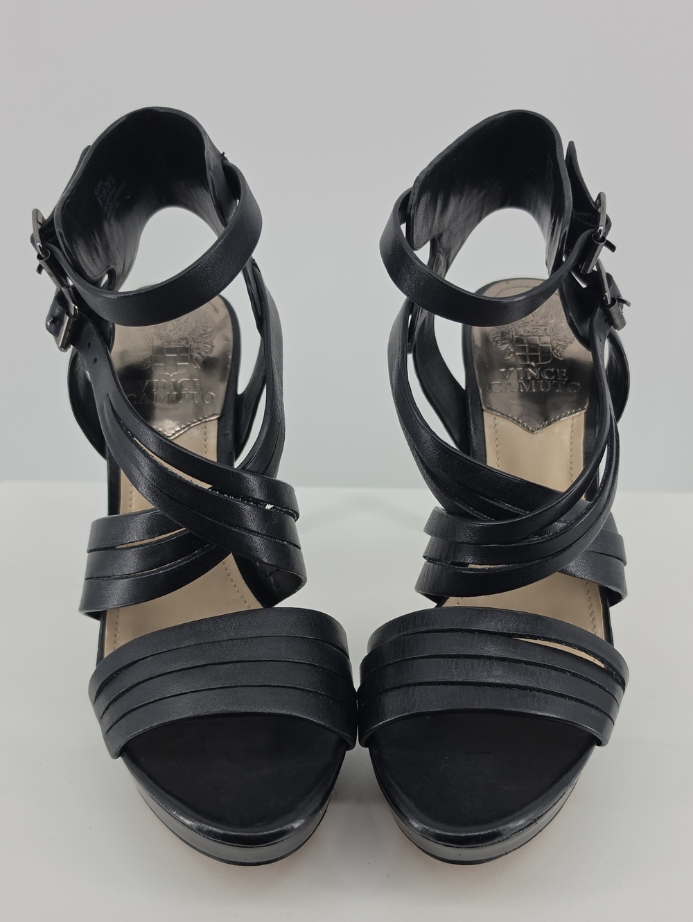 Vince Camuto Black Leather Crisscross Ankle Strap Heels